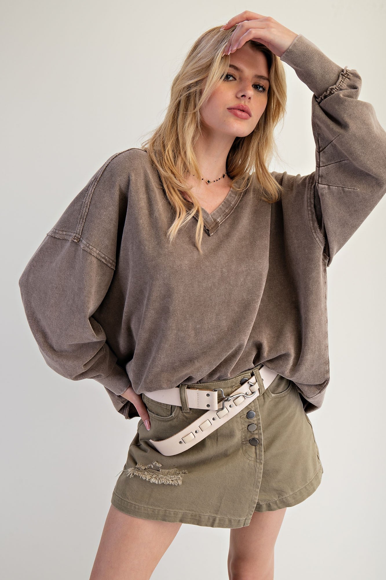 Deep V Neck Washed Mocha Terry Pullover