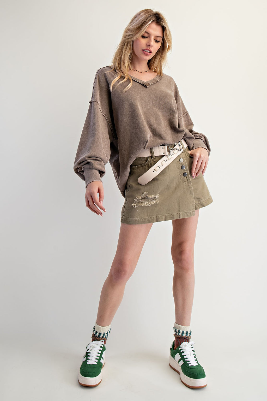 Deep V Neck Washed Mocha Terry Pullover