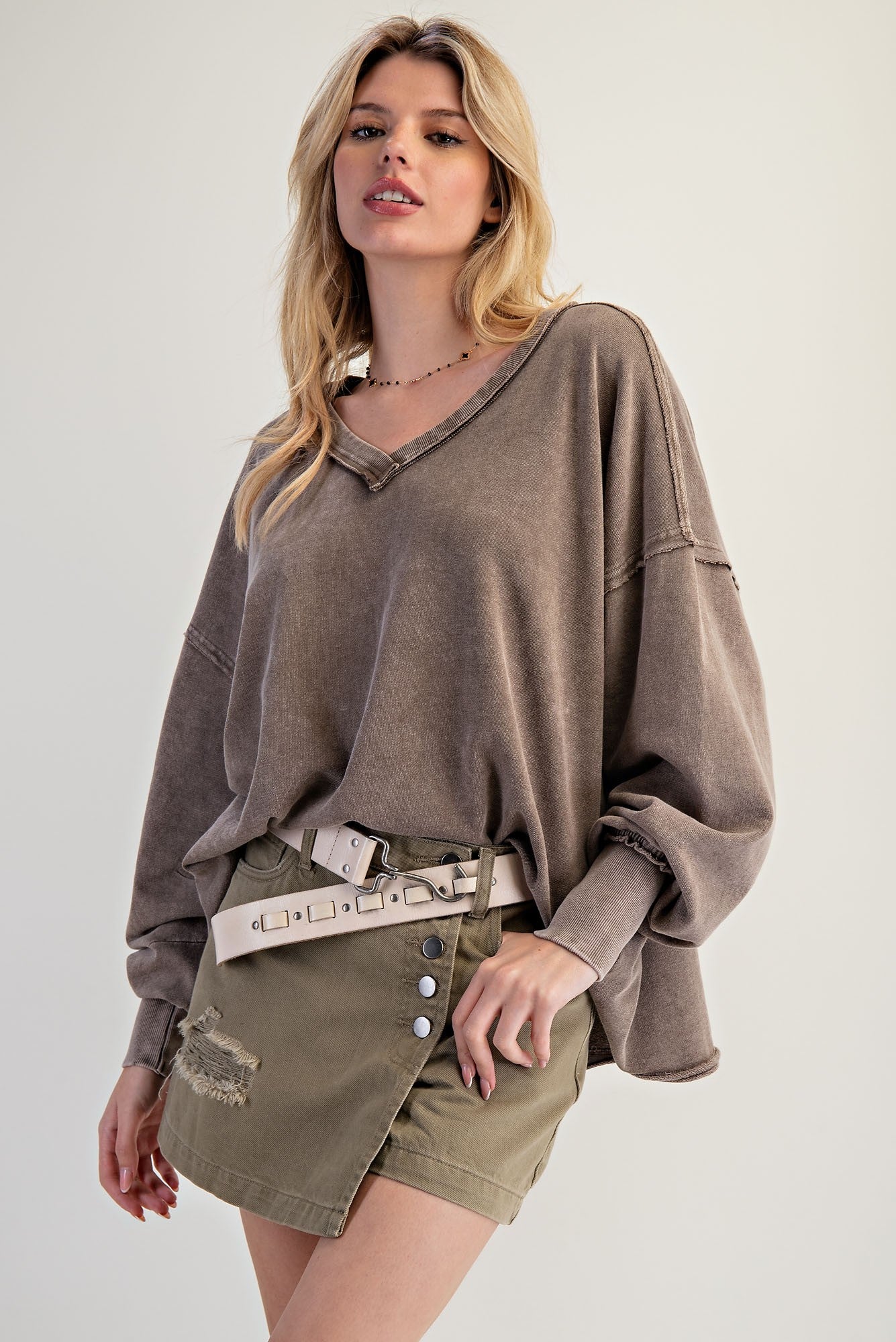 Deep V Neck Washed Mocha Terry Pullover