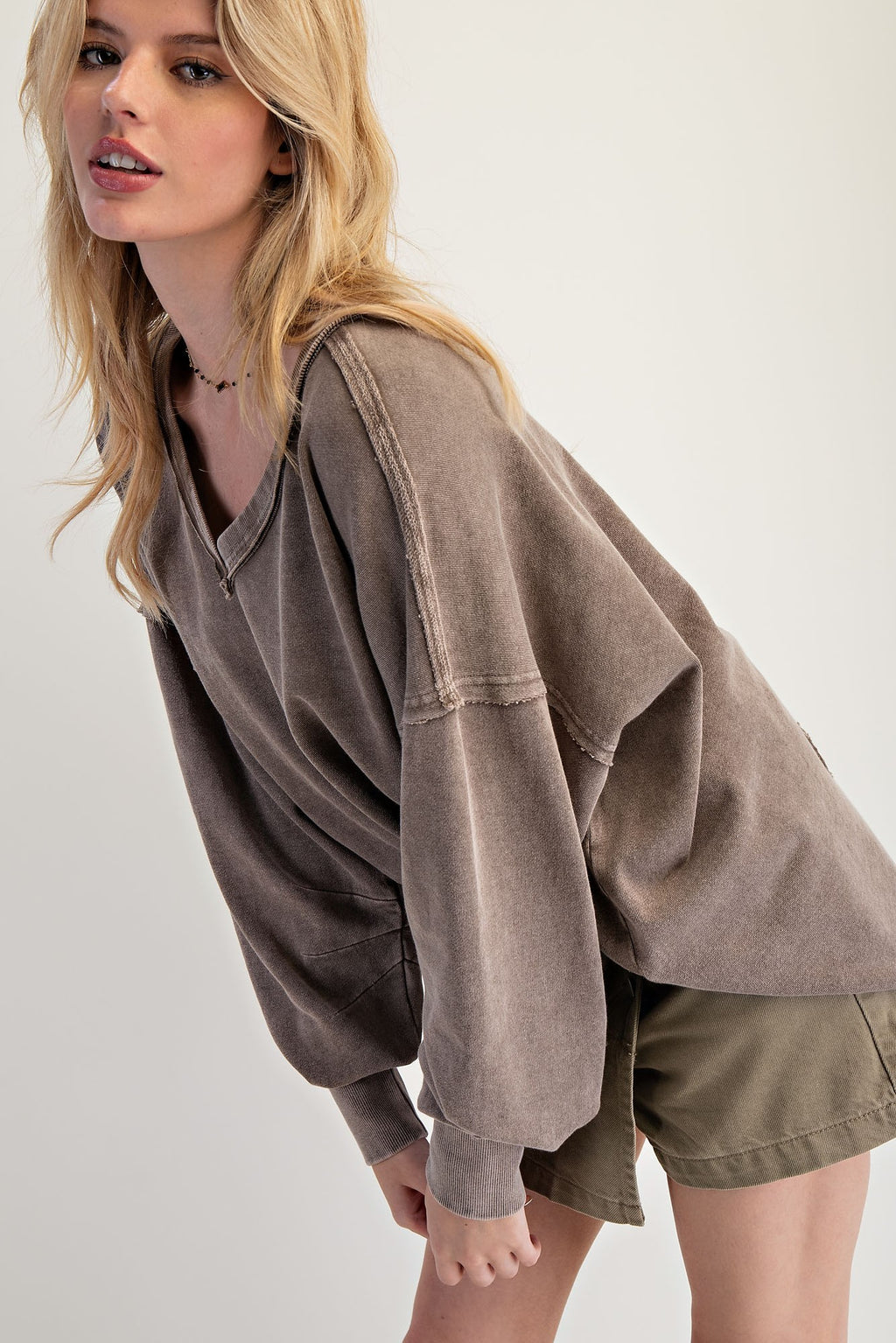 Deep V Neck Washed Mocha Terry Pullover