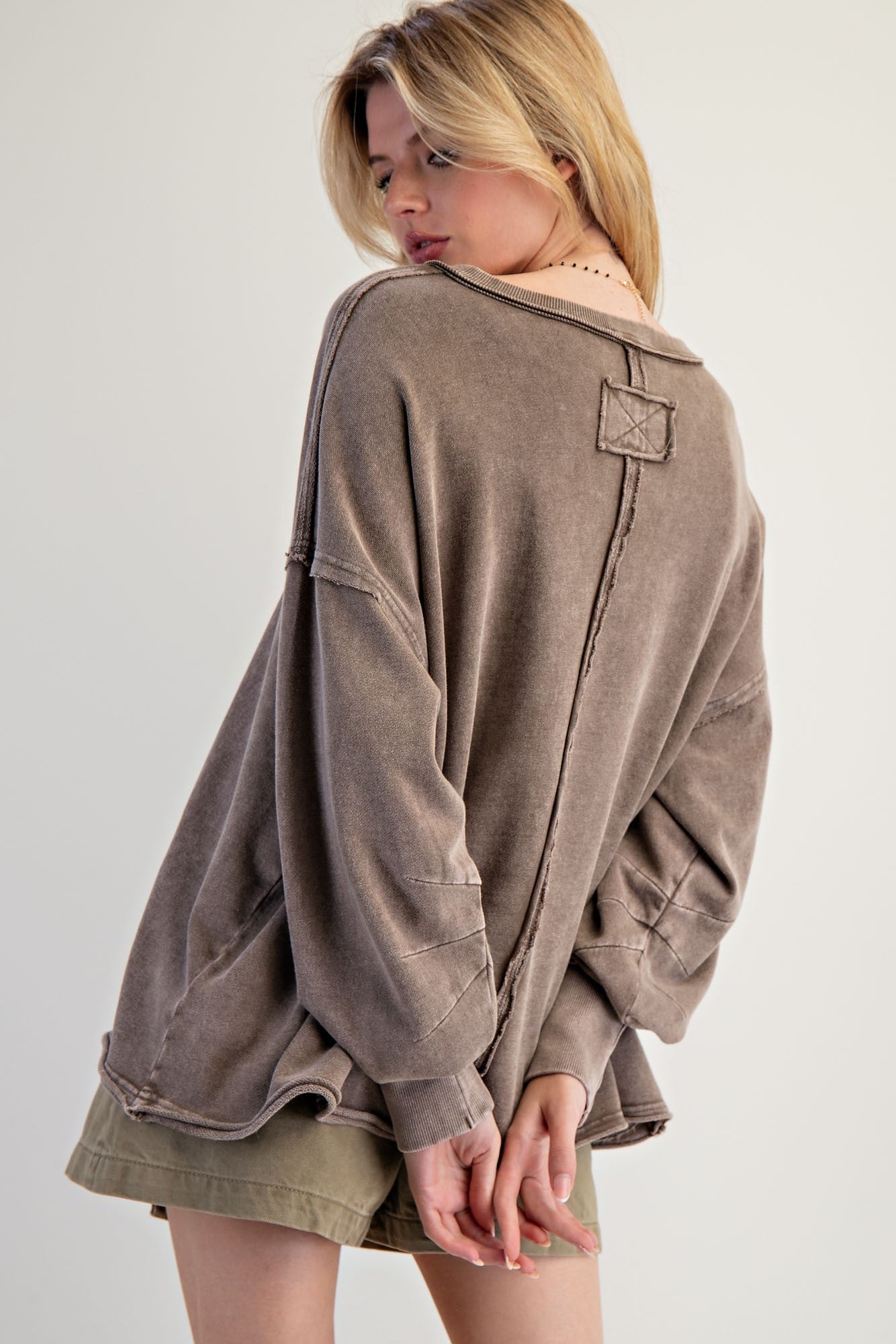 Deep V Neck Washed Mocha Terry Pullover