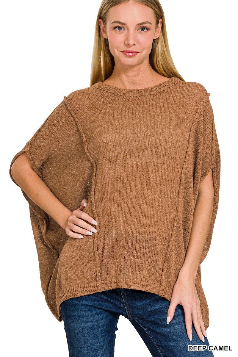 Drop Shoulder Short Sleeve Relaxed Pullover Deep Camel Sweater