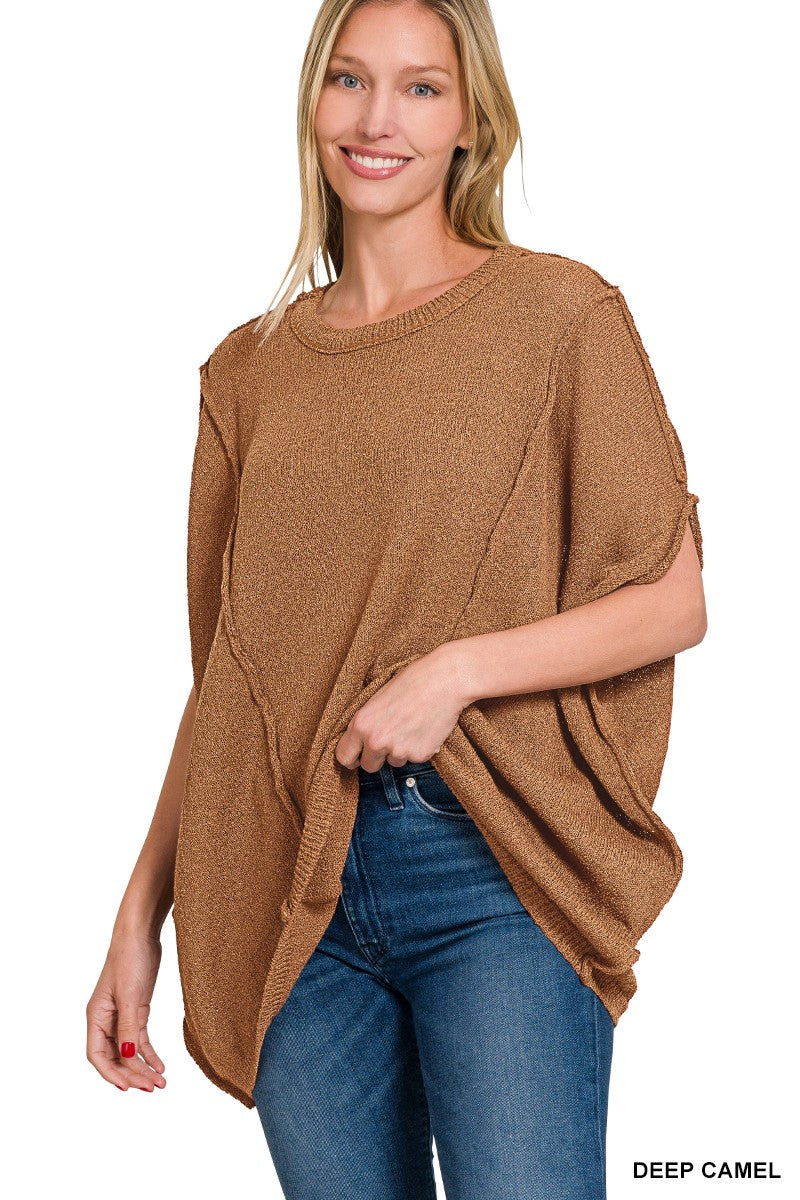 Drop Shoulder Short Sleeve Relaxed Pullover Deep Camel Sweater
