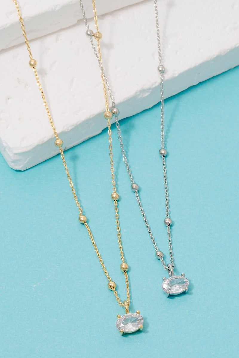 Faceted Oval Gem Pendant Station Bead Chain Necklace