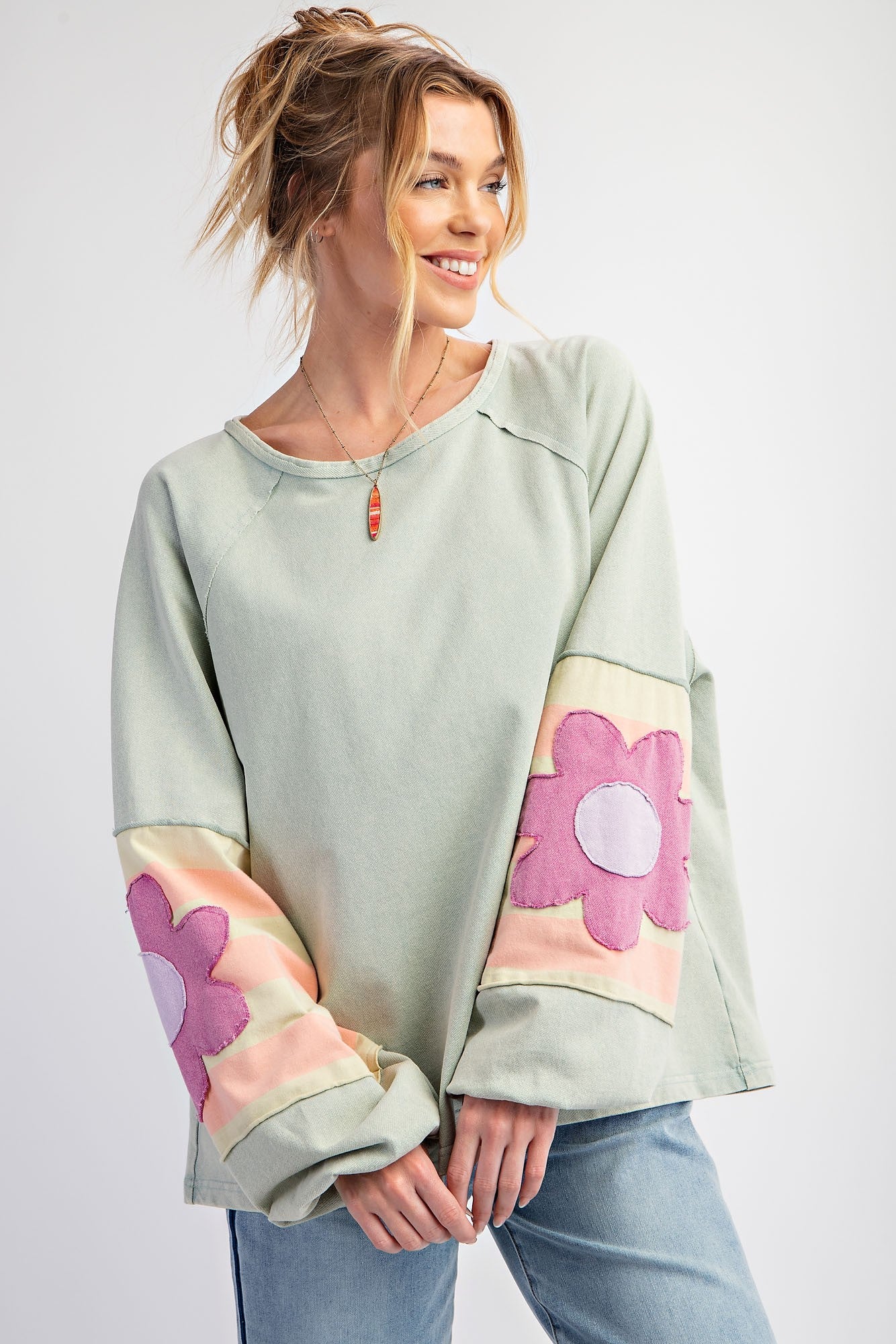 Flower Patch Sage Terry Knit Washed Pullover