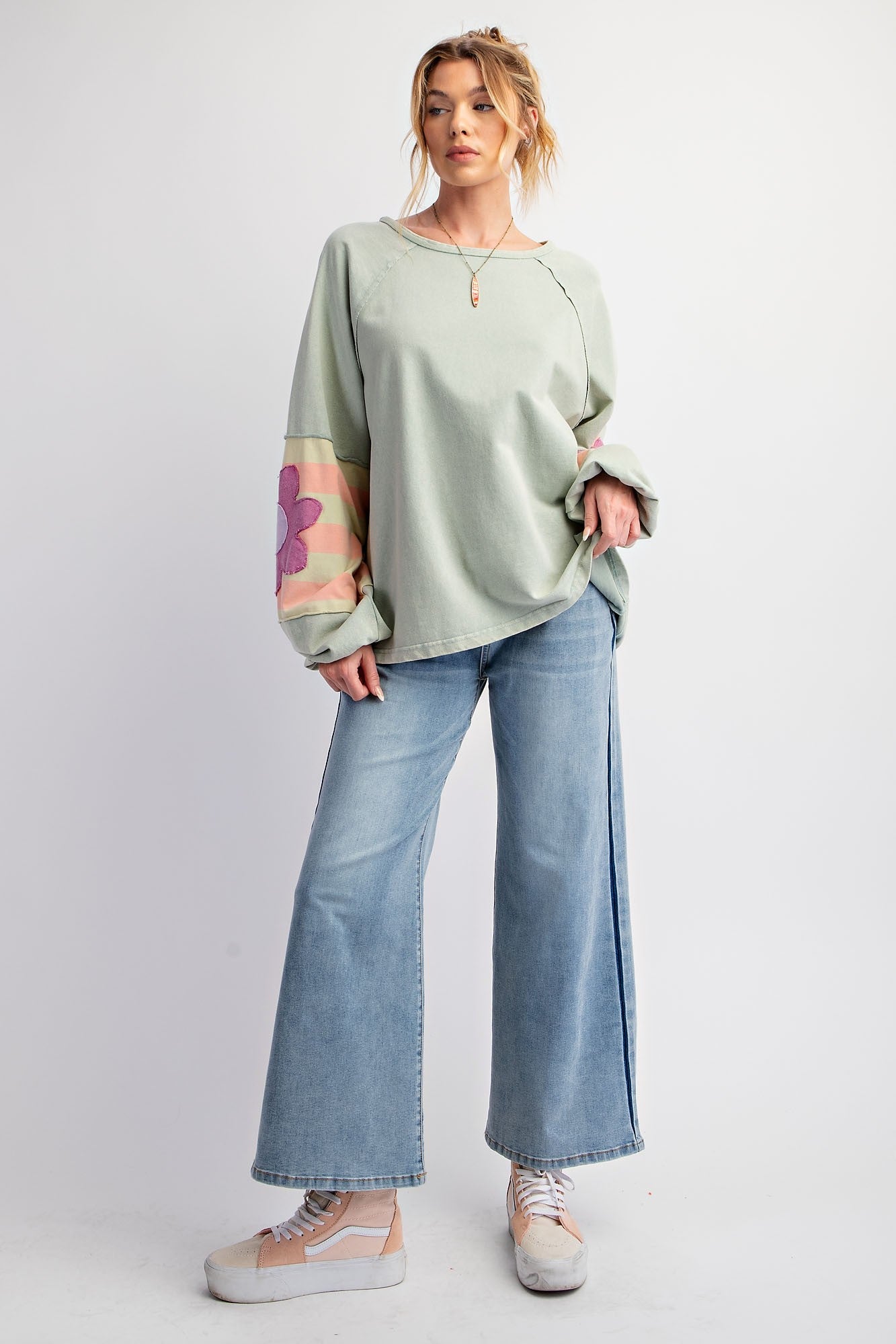 Flower Patch Sage Terry Knit Washed Pullover