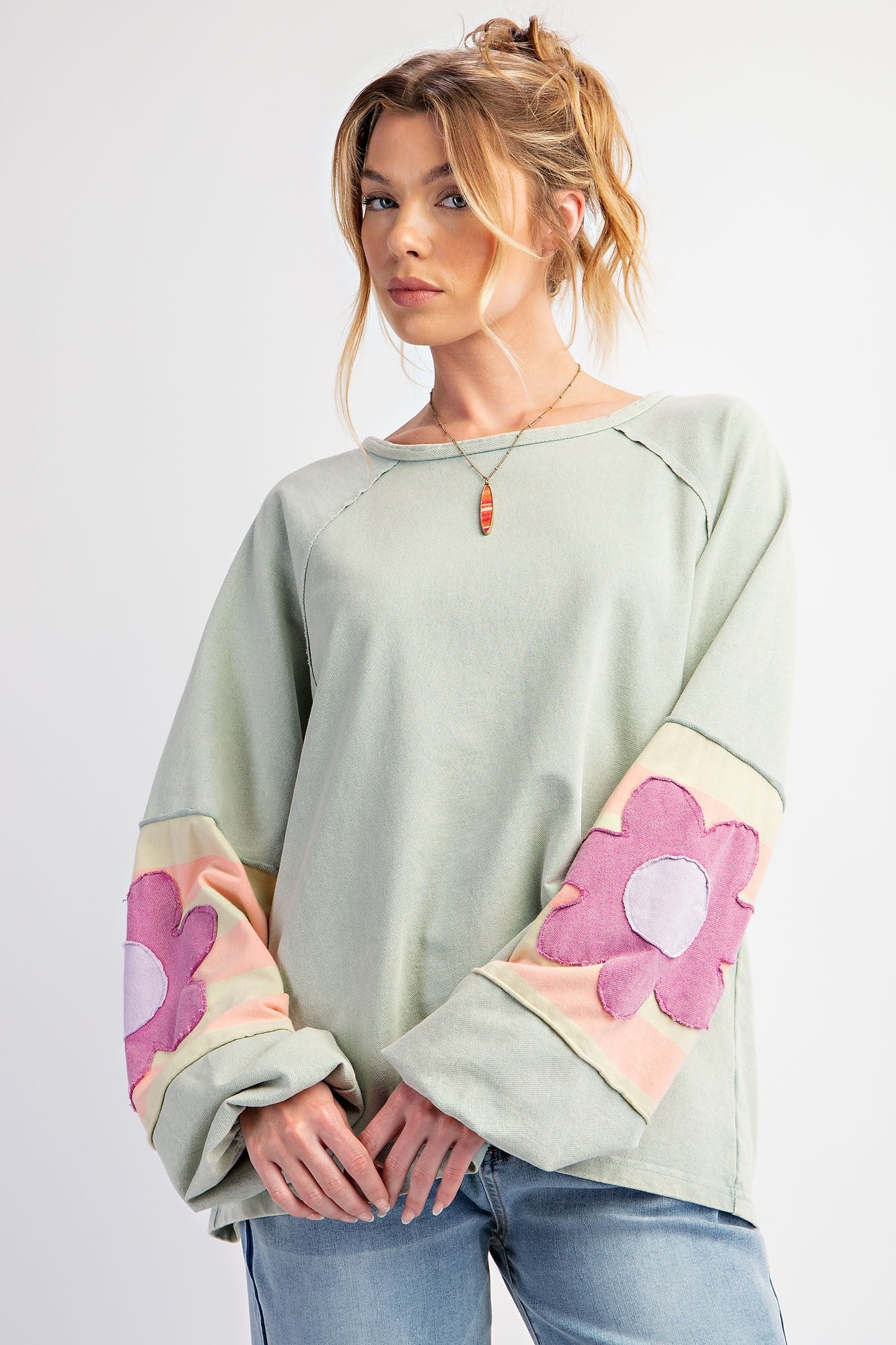 Flower Patch Sage Terry Knit Washed Pullover