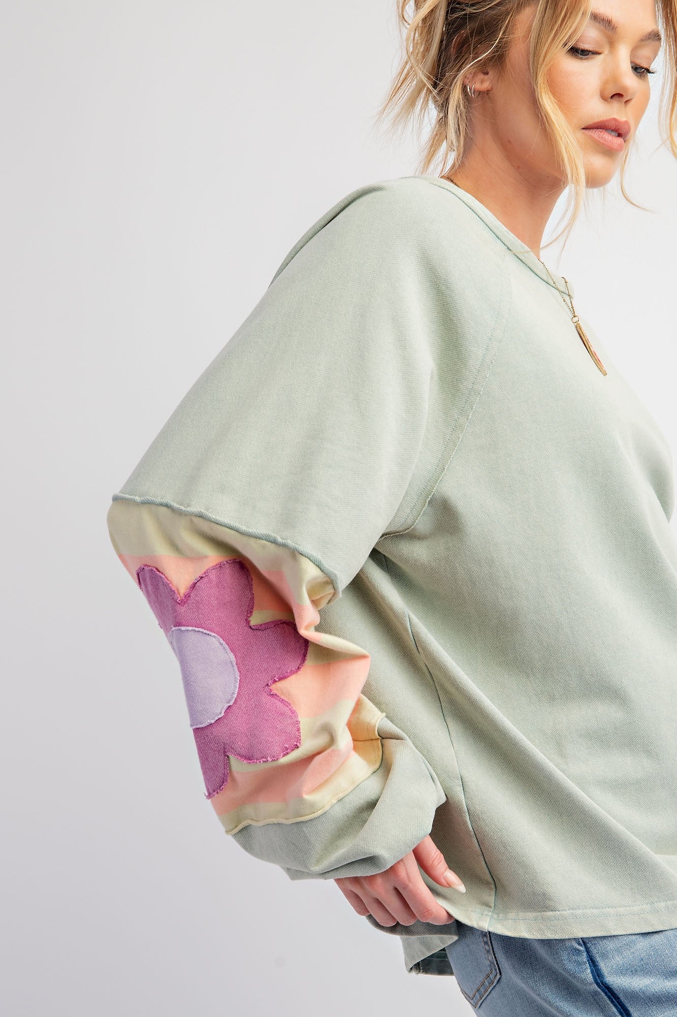 Flower Patch Sage Terry Knit Washed Pullover