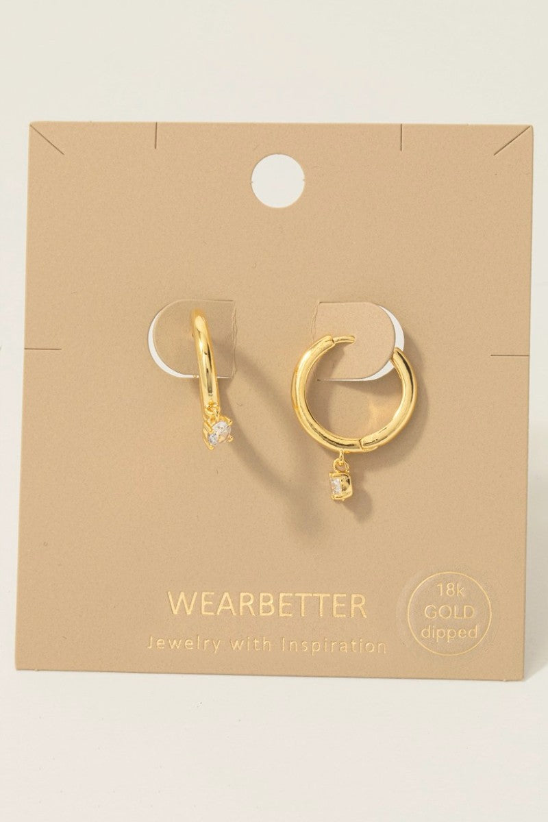 Gold Dipped Cz Charm Hinge Hoop Earrings