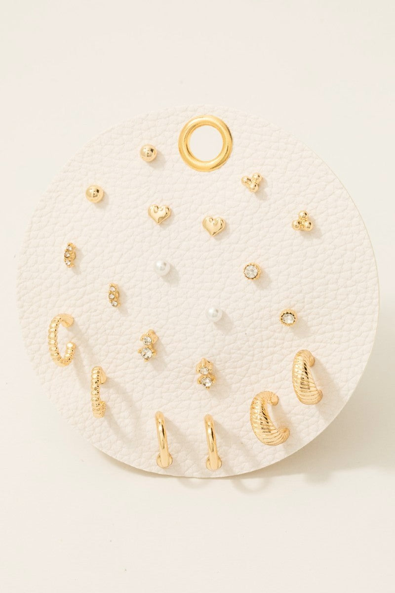 Heart Pearl Gems Mixed Stud And Hoop Earrings Set