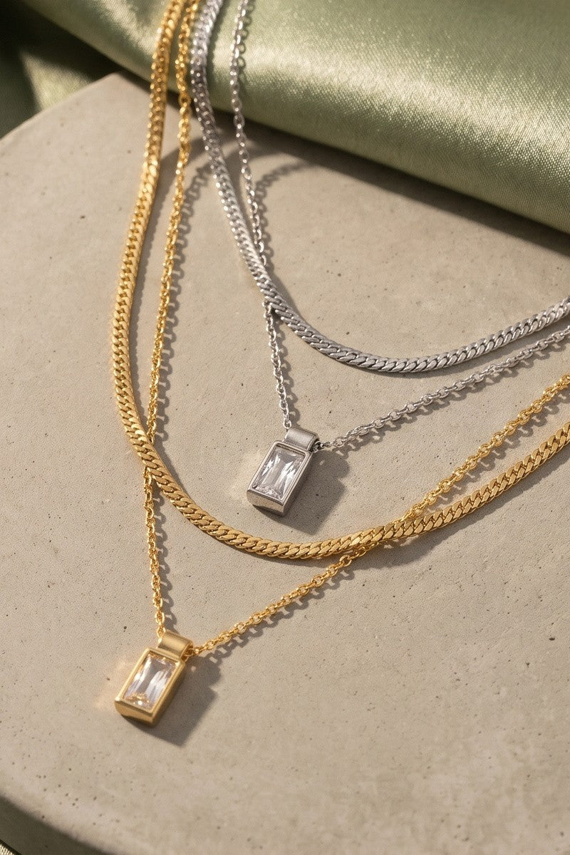 Layered Bezel Cz Emerald Cut Necklace