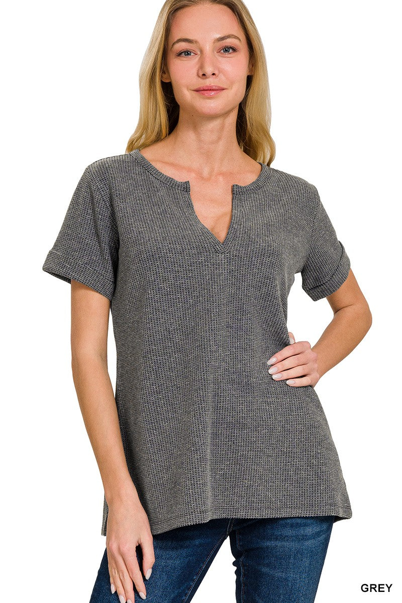 Melage Grey Baby Waffle Henley Neck Short Sleeve Top
