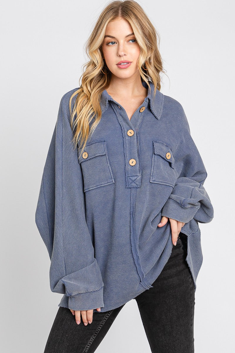 Denim Blue Mineral Wash Henley Pullover