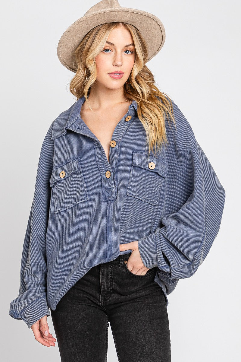 Denim Blue Mineral Wash Henley Pullover
