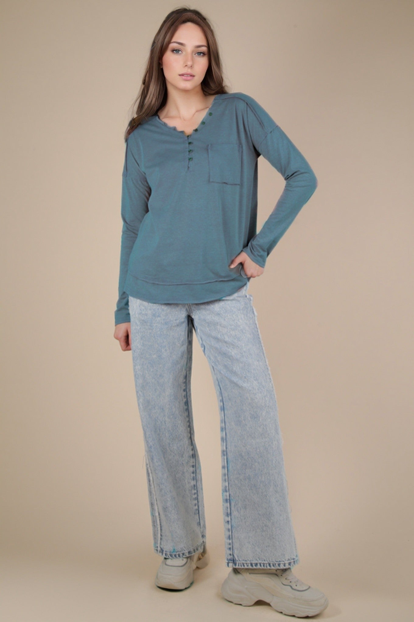 Mineral Washed Denim Blue Cotton Comfy Knit Top
