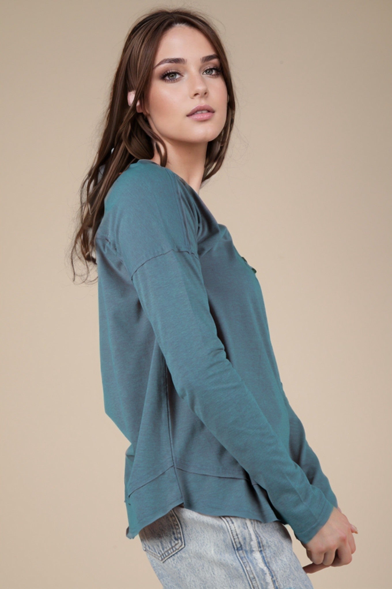 Mineral Washed Denim Blue Cotton Comfy Knit Top