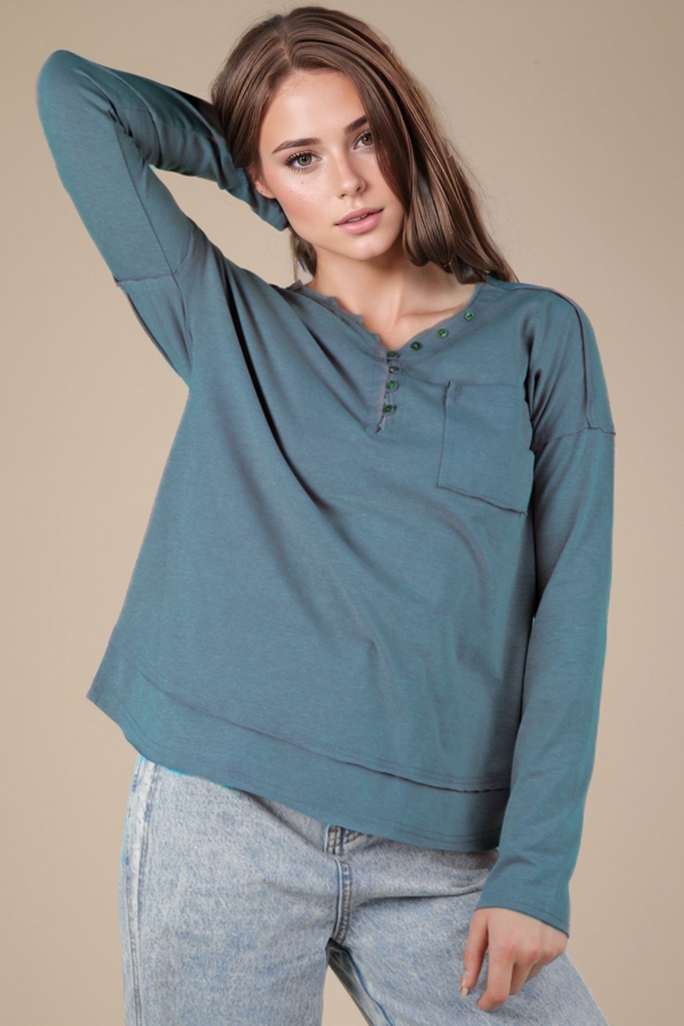 Mineral Washed Denim Blue Cotton Comfy Knit Top