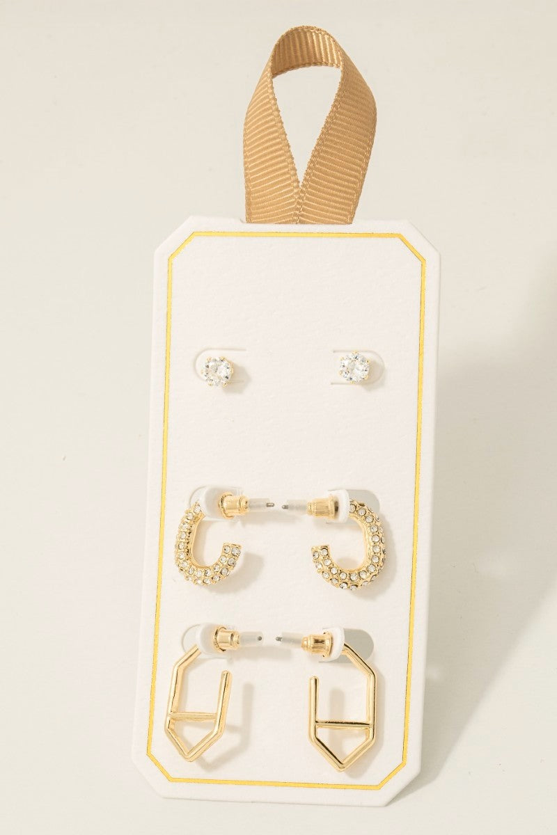 Mixed Pave Hoop And Stud Gold Earrings Set