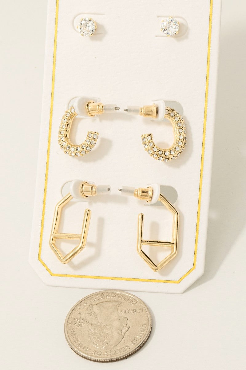 Mixed Pave Hoop And Stud Gold Earrings Set