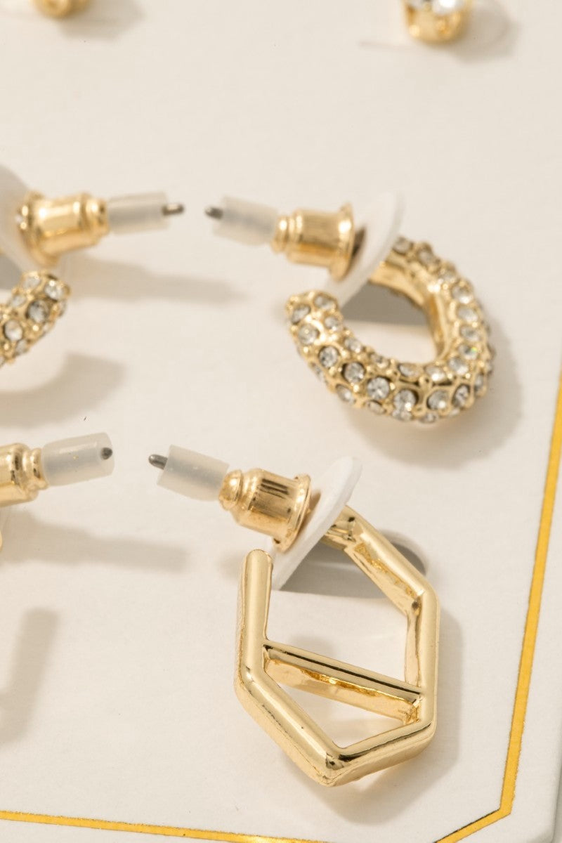 Mixed Pave Hoop And Stud Gold Earrings Set