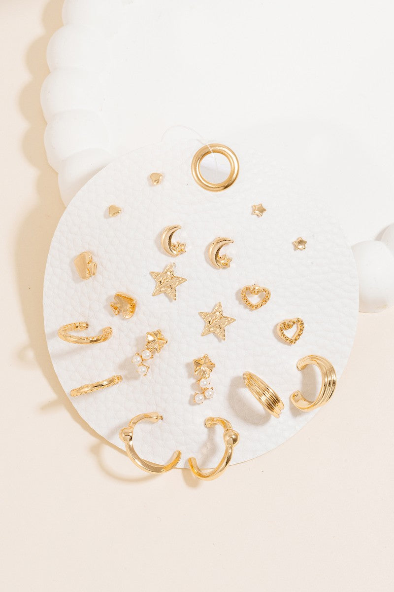 Mixed Stars Hearts Studs And Hoops Earrings Set