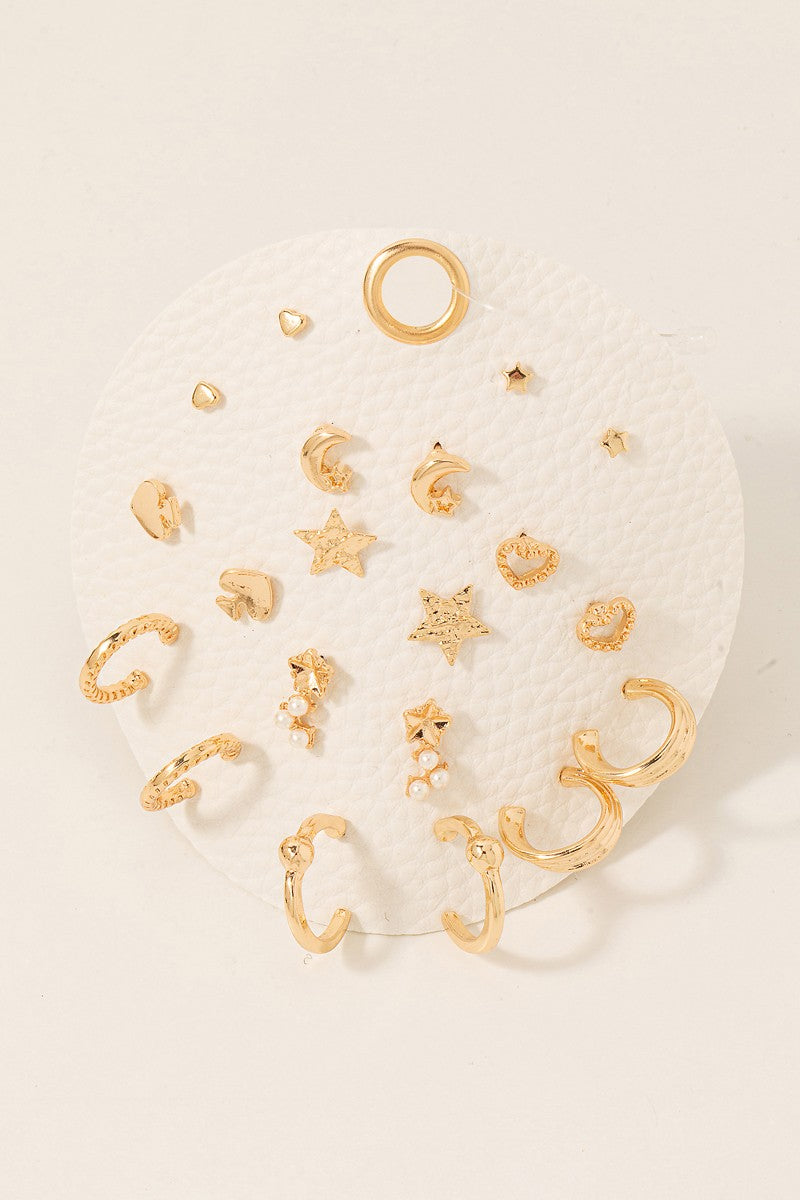 Mixed Stars Hearts Studs And Hoops Earrings Set