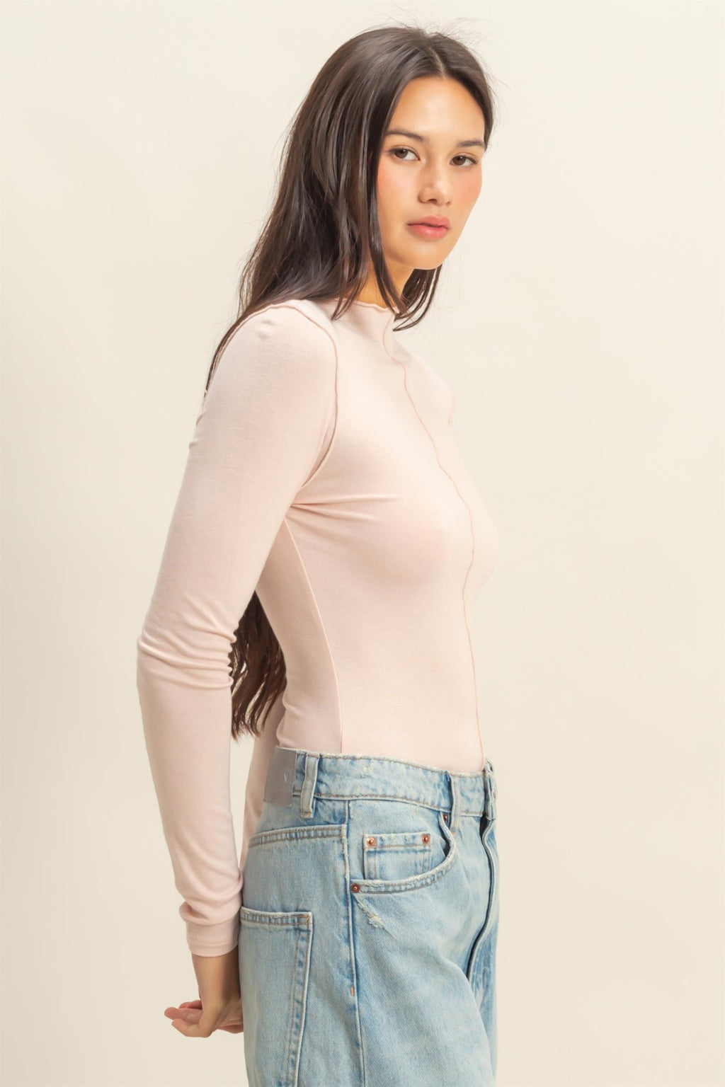 Blush Mock Neck Seam Detail Long Sleeve Top