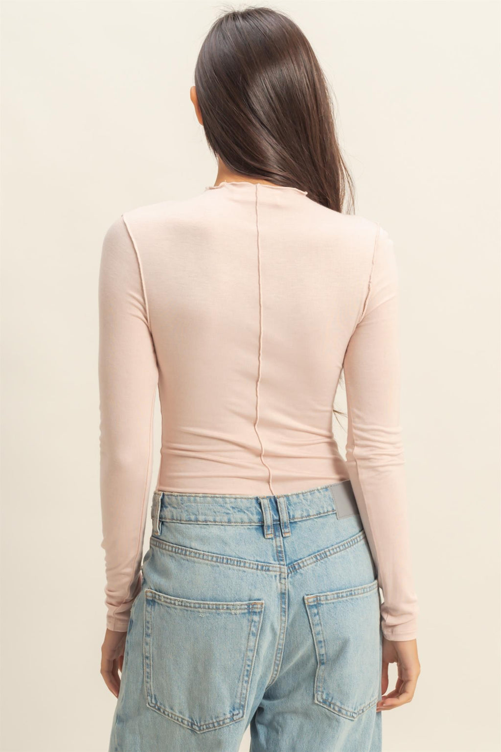 Blush Mock Neck Seam Detail Long Sleeve Top