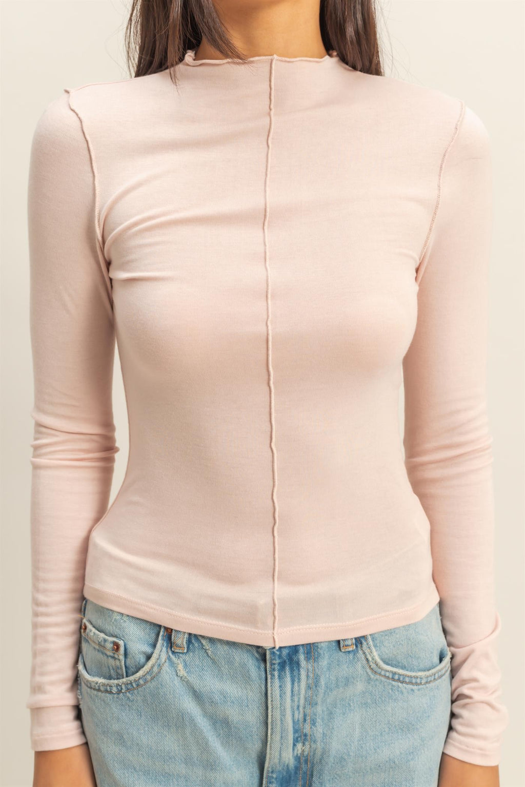 Blush Mock Neck Seam Detail Long Sleeve Top