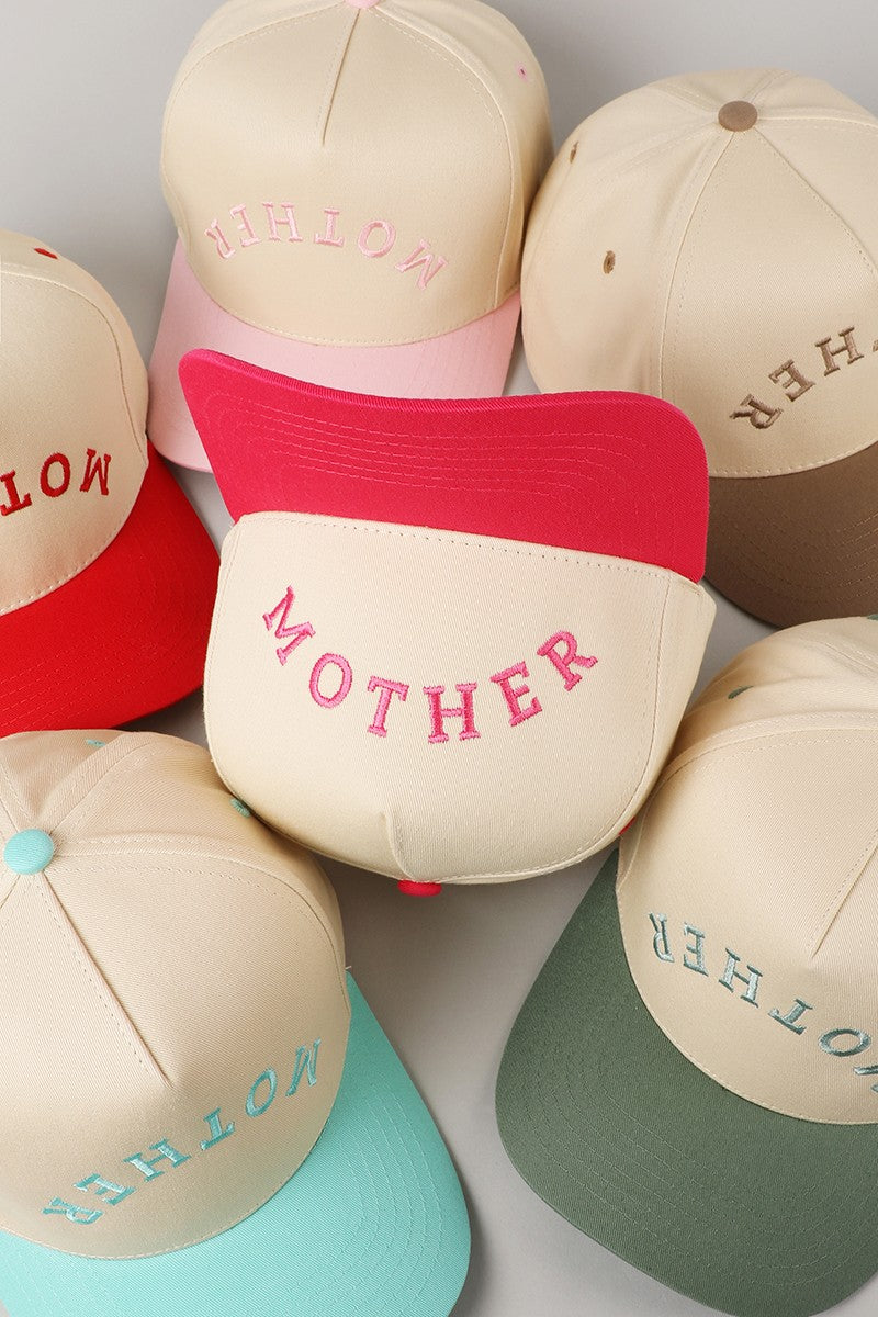 Mother Upside Down Lettering Beige Embroidered Trucker Hat