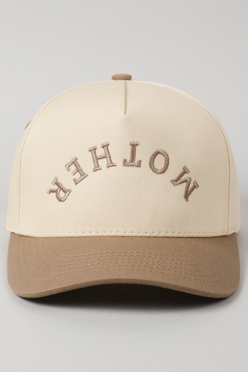 Mother Upside Down Lettering Beige Embroidered Trucker Hat