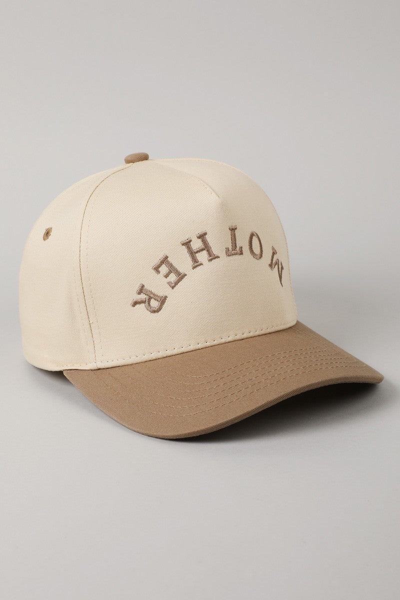 Mother Upside Down Lettering Beige Embroidered Trucker Hat