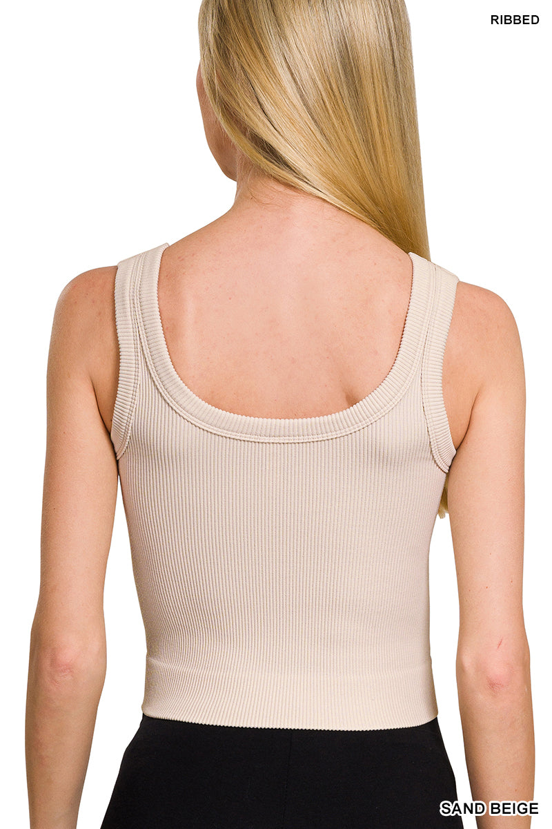 Seamless Sand Biege Ribbed Cropped Scoop Neck Tank Top