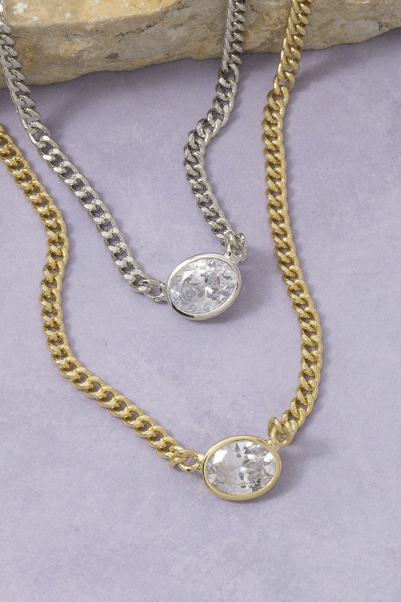 Oval Bezel Cz Curb Chain Pendant Necklace