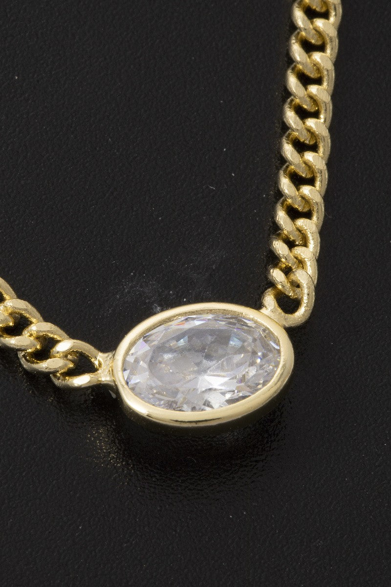 Oval Bezel Cz Curb Chain Pendant Necklace