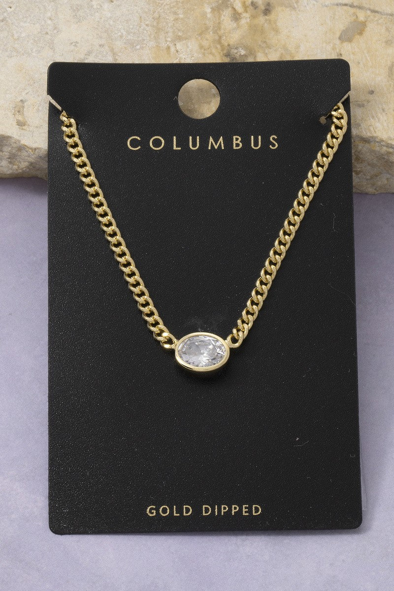Oval Bezel Cz Curb Chain Pendant Necklace