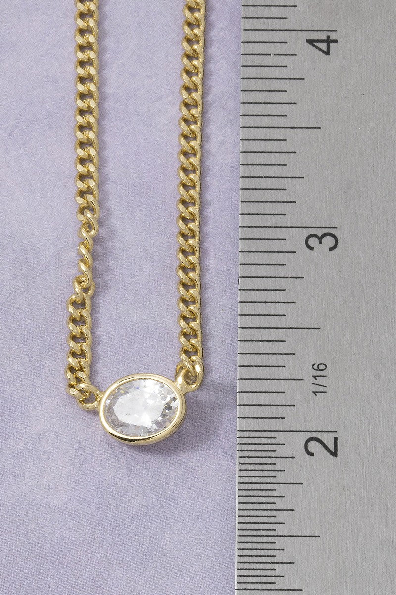 Oval Bezel Cz Curb Chain Pendant Necklace