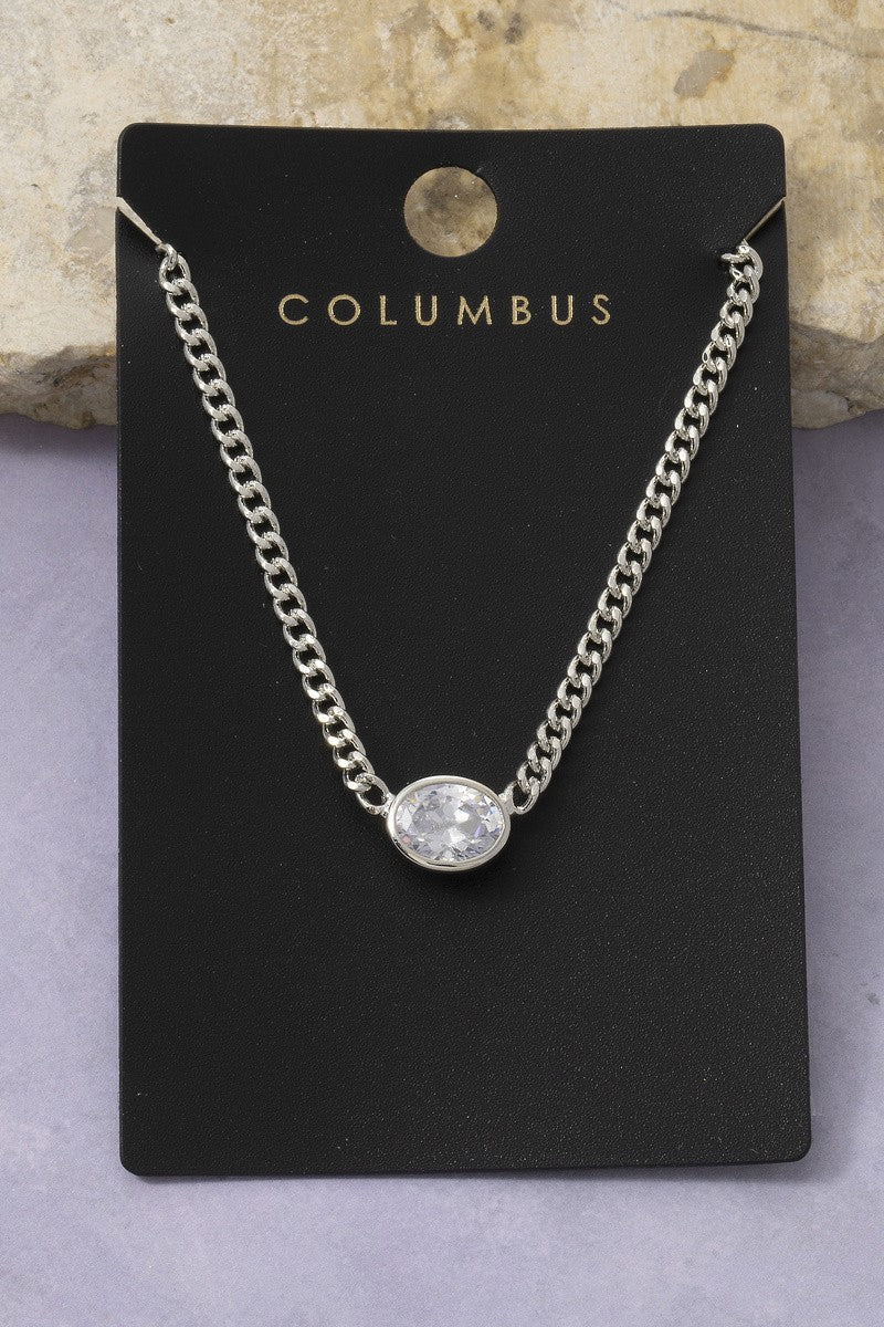 Oval Bezel Cz Curb Chain Pendant Necklace