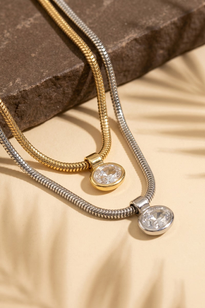 Oval Bezel Cz Snake Chain Necklace