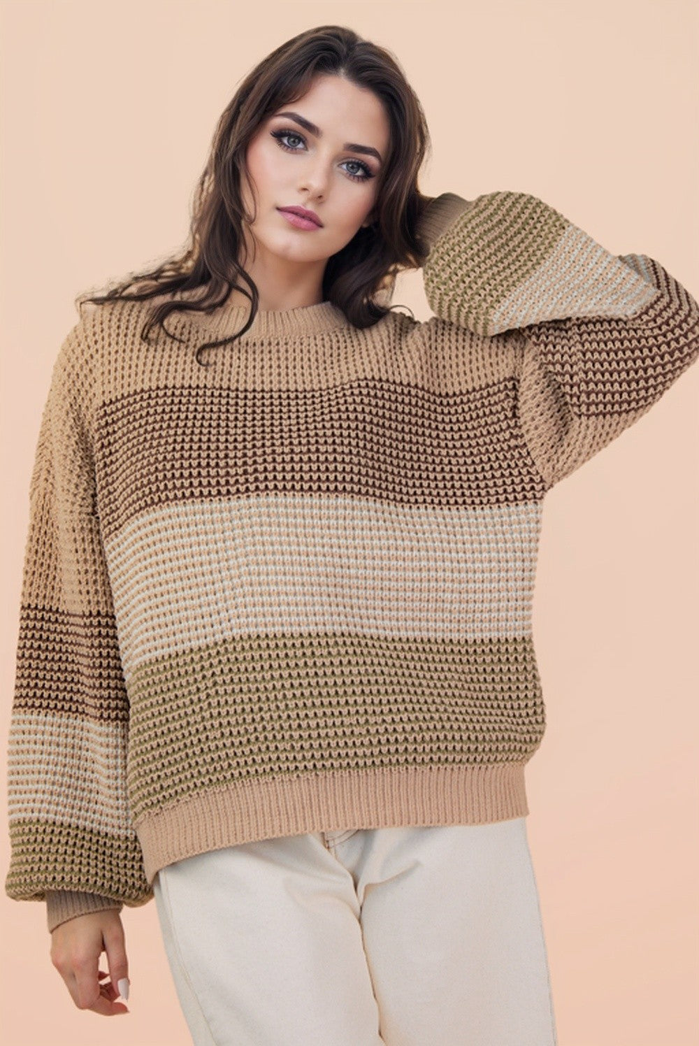 Oversized Chocolate & Olive Color Block Knit Sweater Top
