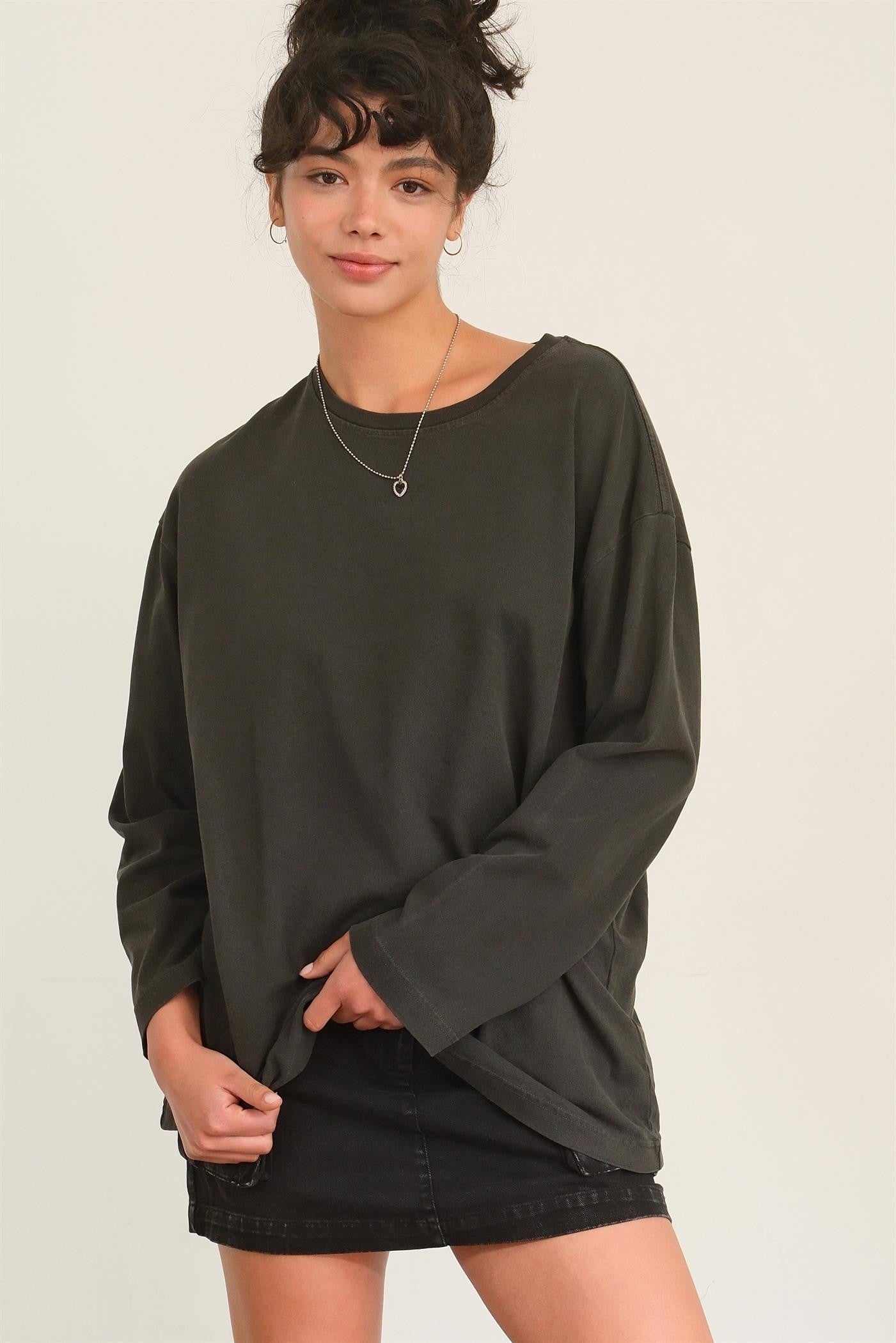 Oversized Black Crew Neck Long Sleeve Tee