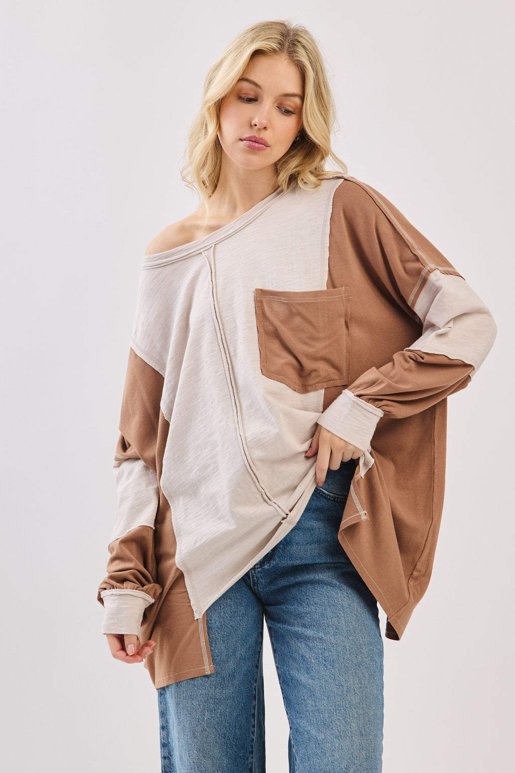 Oversized Taupe Combo Patchwork Knit Long Sleeve Top