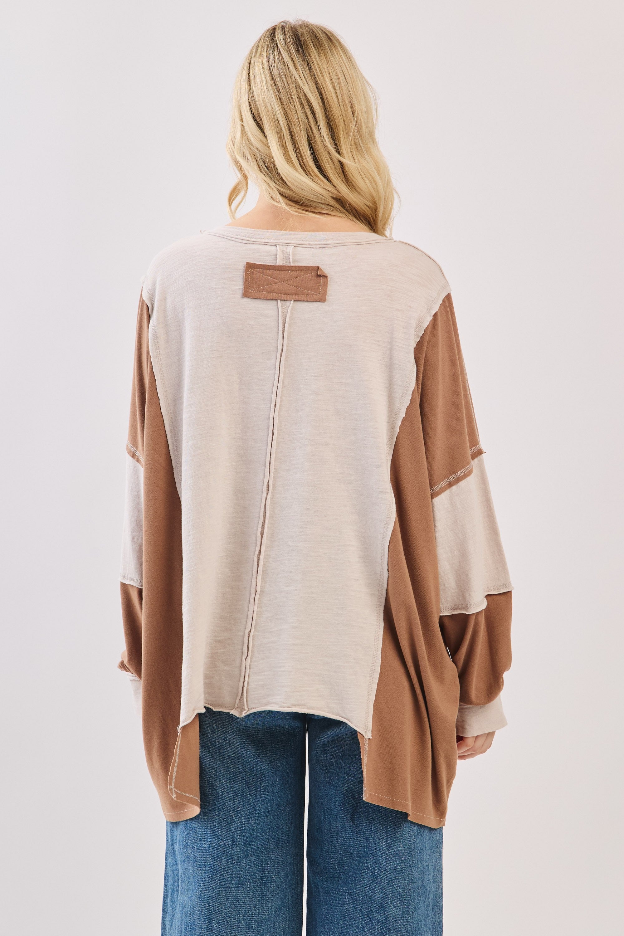 Oversized Taupe Combo Patchwork Knit Long Sleeve Top