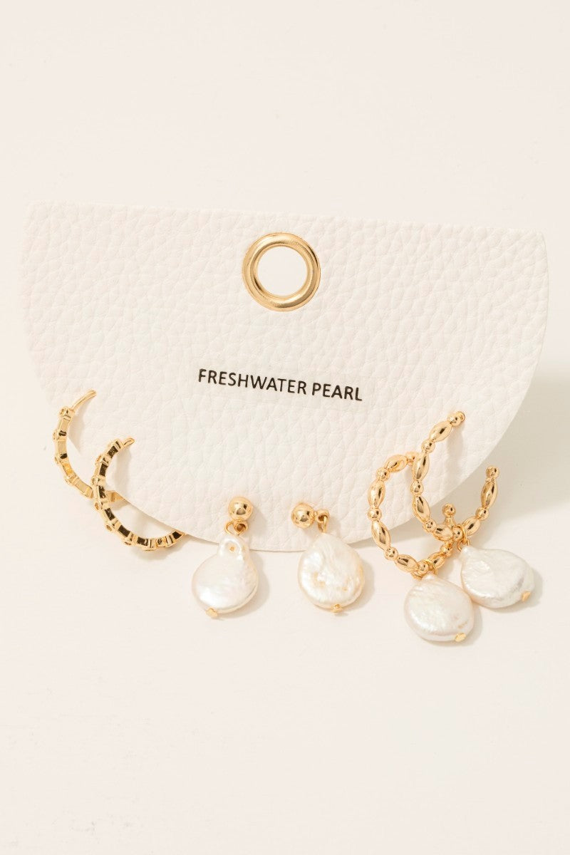 Pearl Drop Hoop Earrings Set
