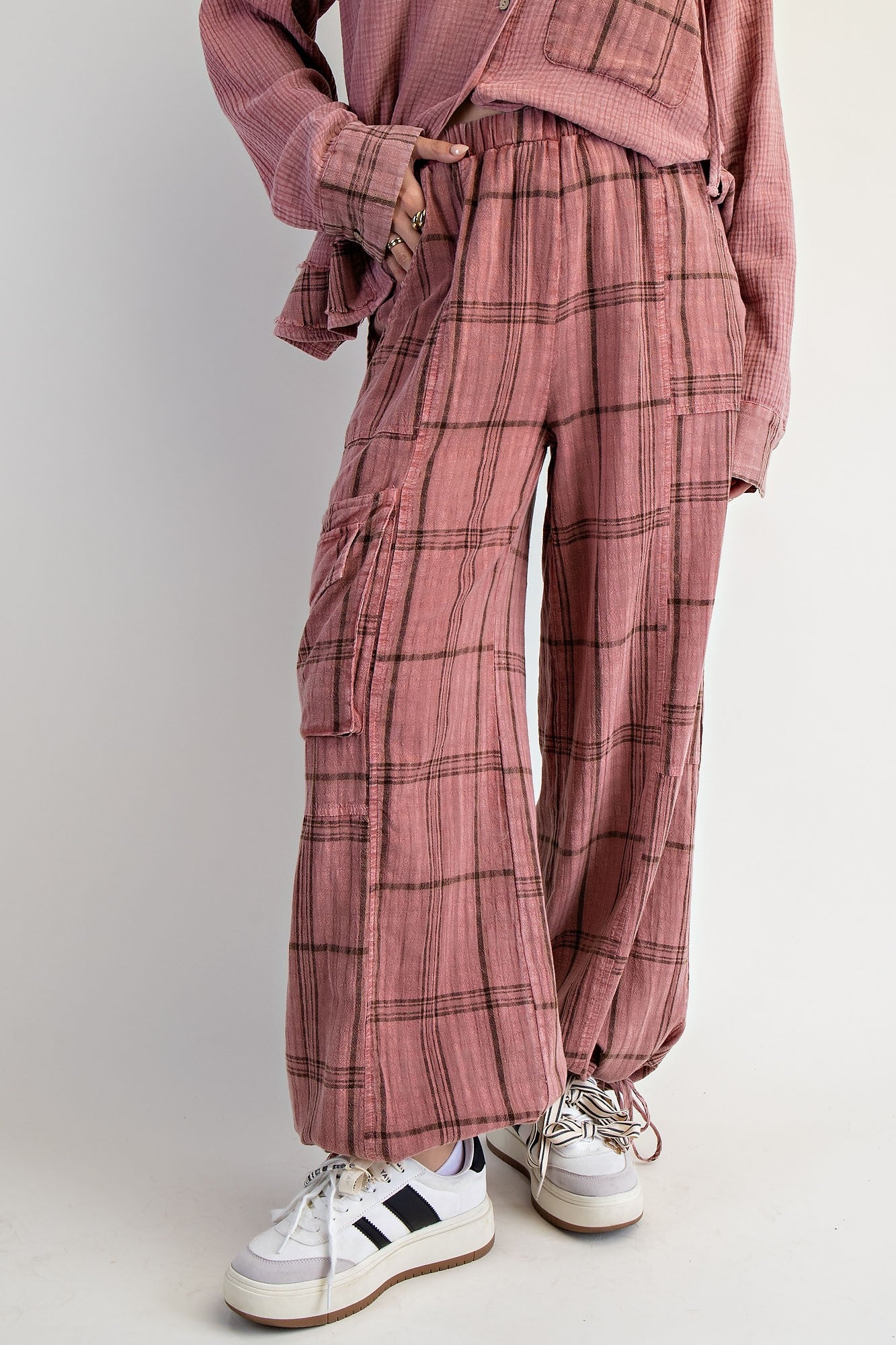 Plaid Mauve Mineral Washed Pants