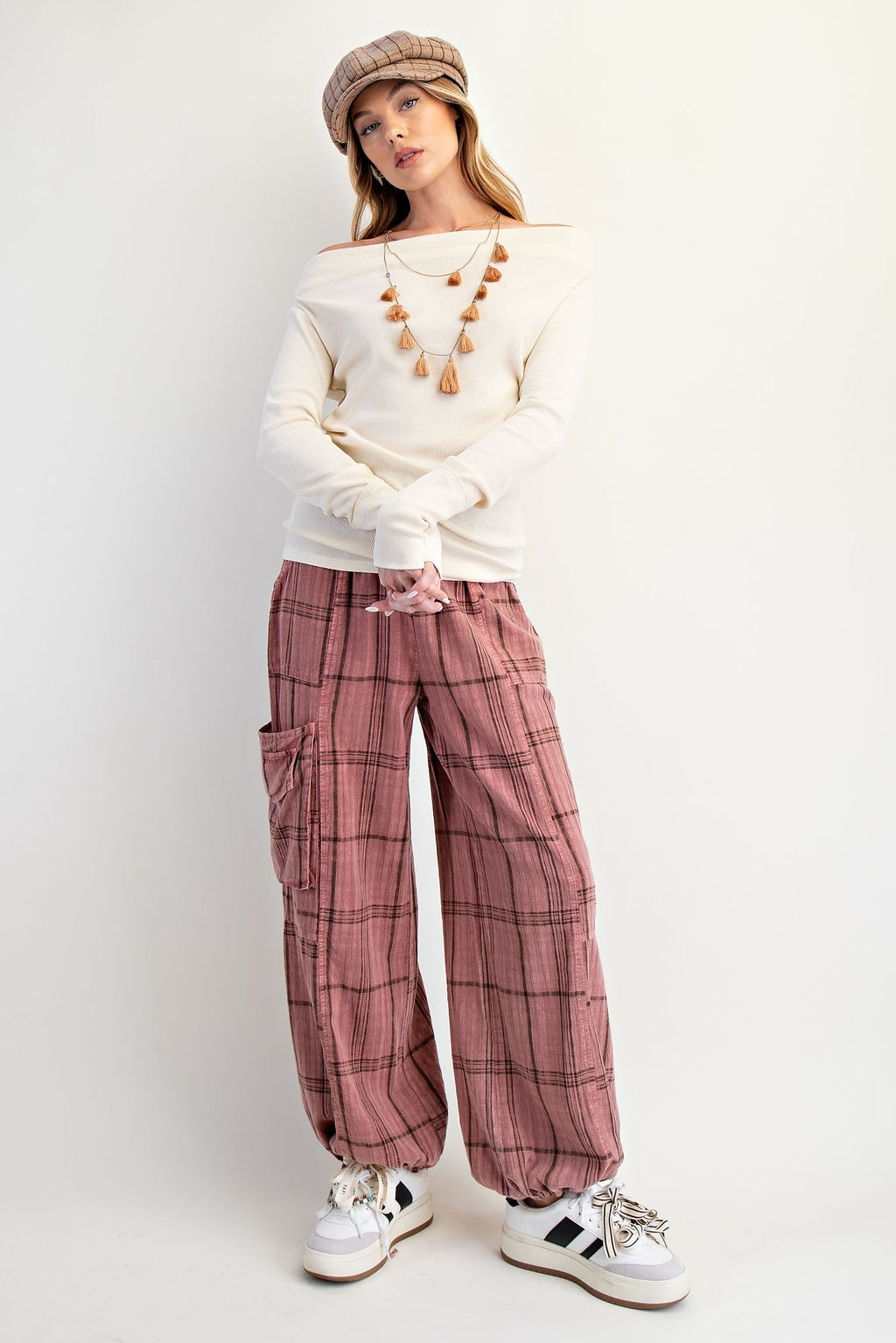 Plaid Mauve Mineral Washed Pants