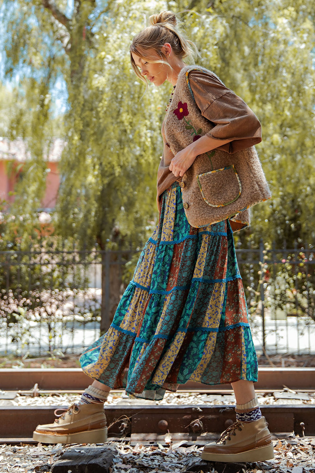 Printed Rayon Gauze Tiered Teal Brown Maxi Skirt