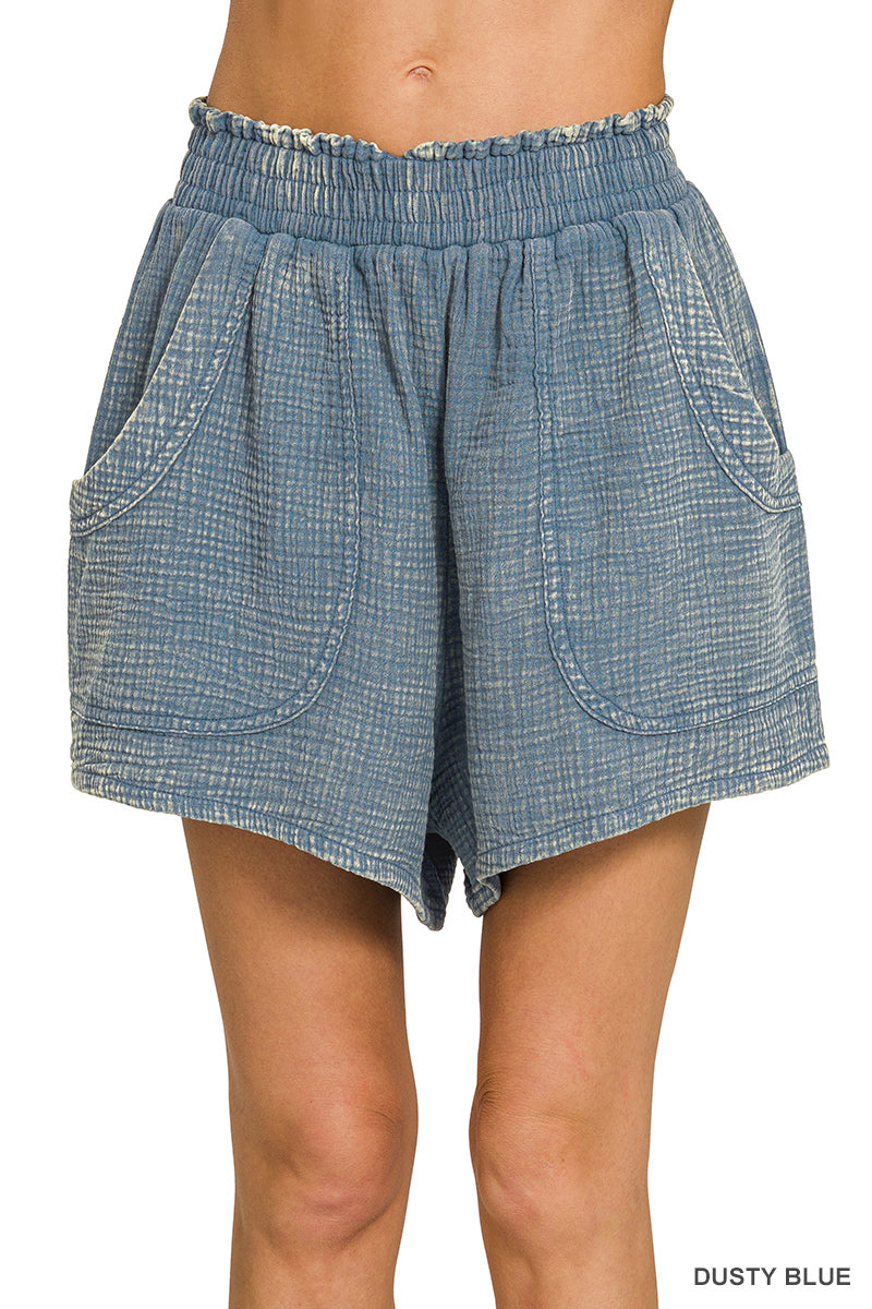 Dusty Blue Washed Double Gauze Shorts
