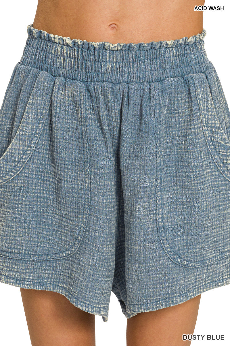 Dusty Blue Washed Double Gauze Shorts