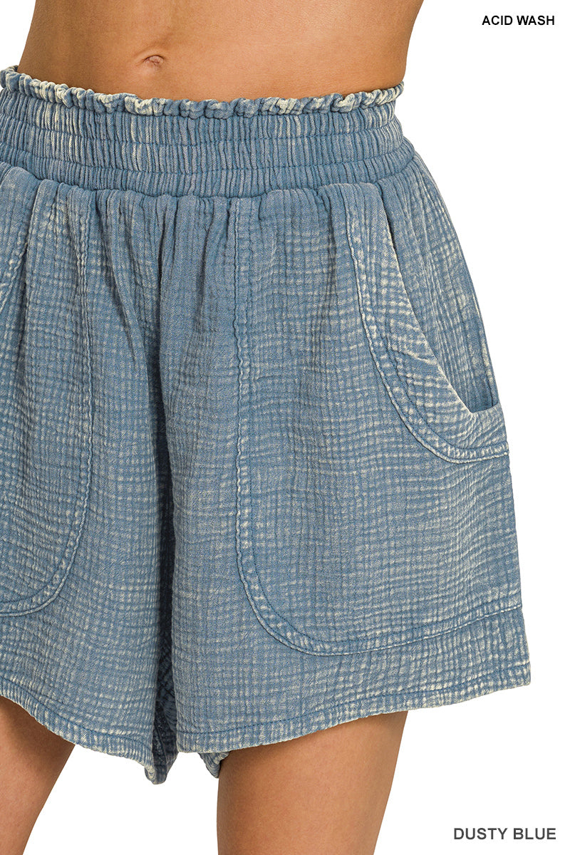 Dusty Blue Washed Double Gauze Shorts